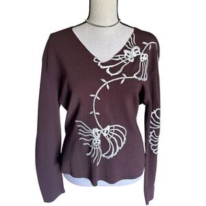 Venini Women’s Pullover Embroidered Floral Brown Long Sleeve Sweater, Size Large